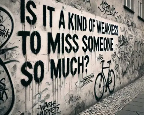 Ai-generated graffiti that shows a wall with "Is it kind of a weakness to miss someone so much?" in bold black caps