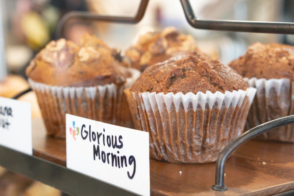 "Glorious morning" sign with muffins