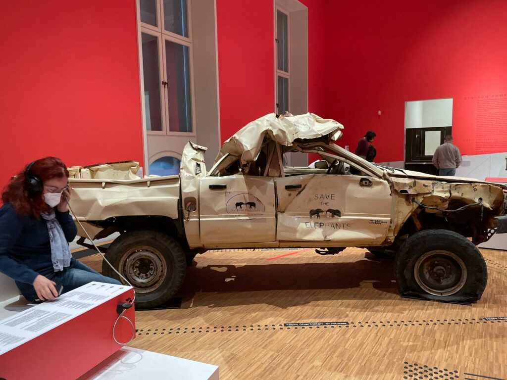 Display of research vehicle destroyed by elephant, Terrible Beauty, Humboldt Forum