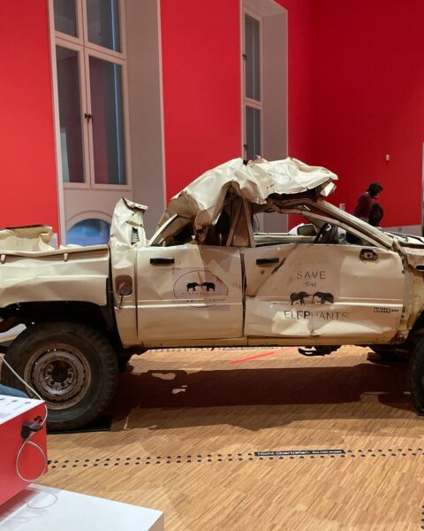 Display of research vehicle destroyed by elephant, Terrible Beauty, Humboldt Forum