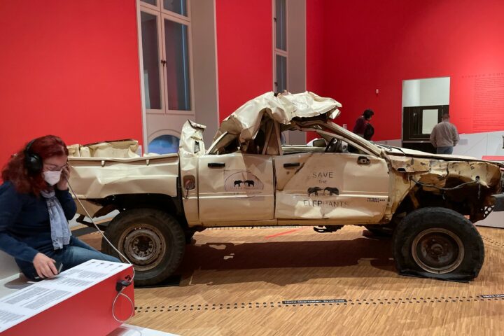 Display of research vehicle destroyed by elephant, Terrible Beauty, Humboldt Forum